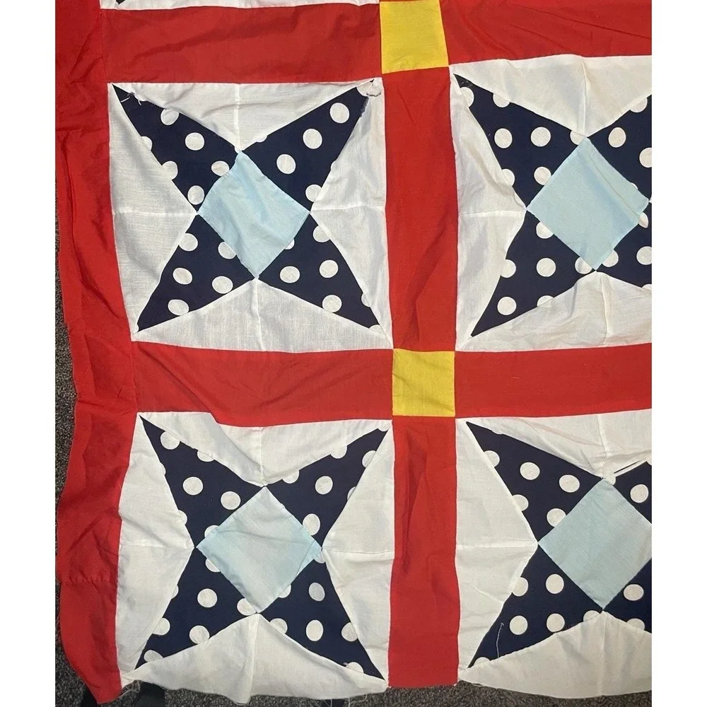Classic Patriotic Americana Quilt Top 64x90 Modern Farmhouse Boho Red Blue Vivid